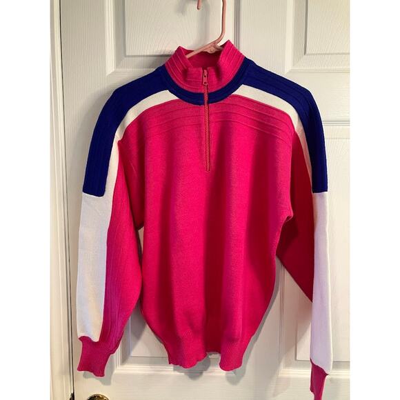 VTG 80's 1/4 Zip Herman's Ski Bunny Colorblock Wool Sweater Pink Womens Size M - Picture 9 of 9